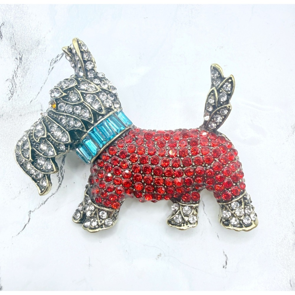 Scottie Dog Brooch Silver Tone Red Blue Rhinestone Sweater Pin 2.5"